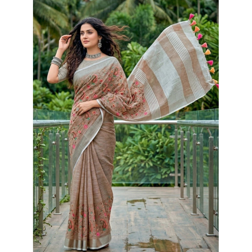 Women's Brown Linen Floral Embroidered Saree with Unstitched Blouse – 5.5 Mtr