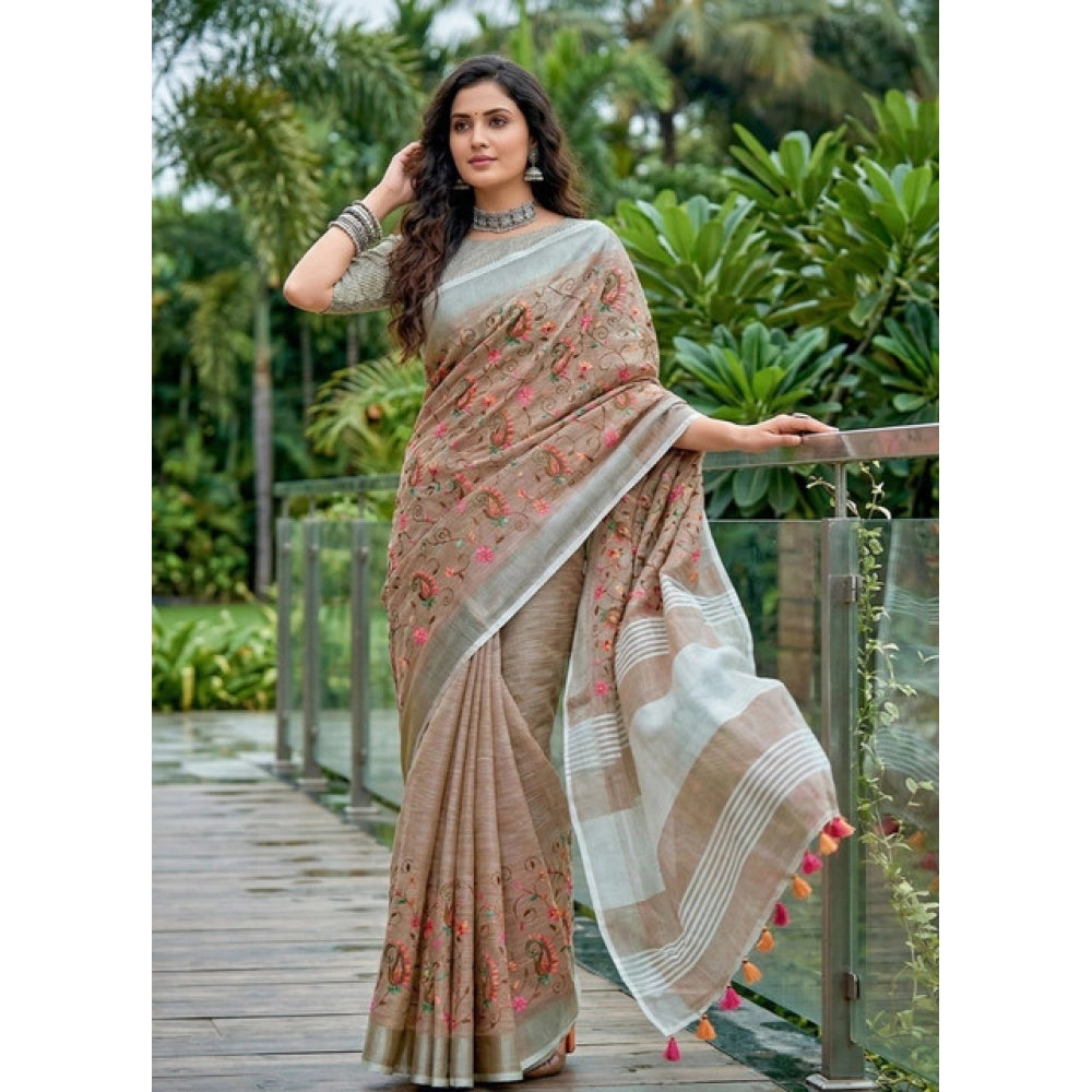 Women's Brown Linen Floral Embroidered Saree with Unstitched Blouse – 5.5 Mtr