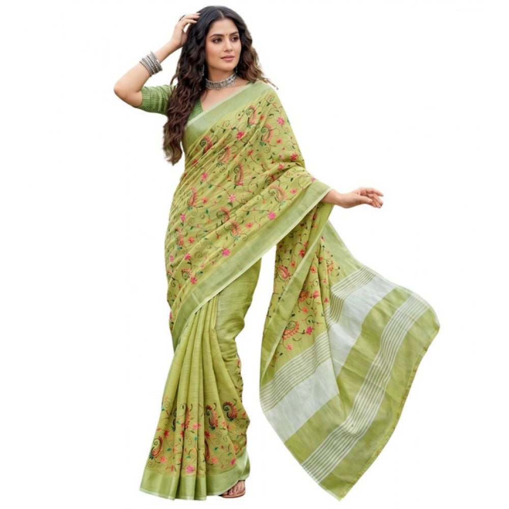 Women's Light Green Linen Floral Embroidered Saree with Unstitched Blouse – 5.5 Mtr