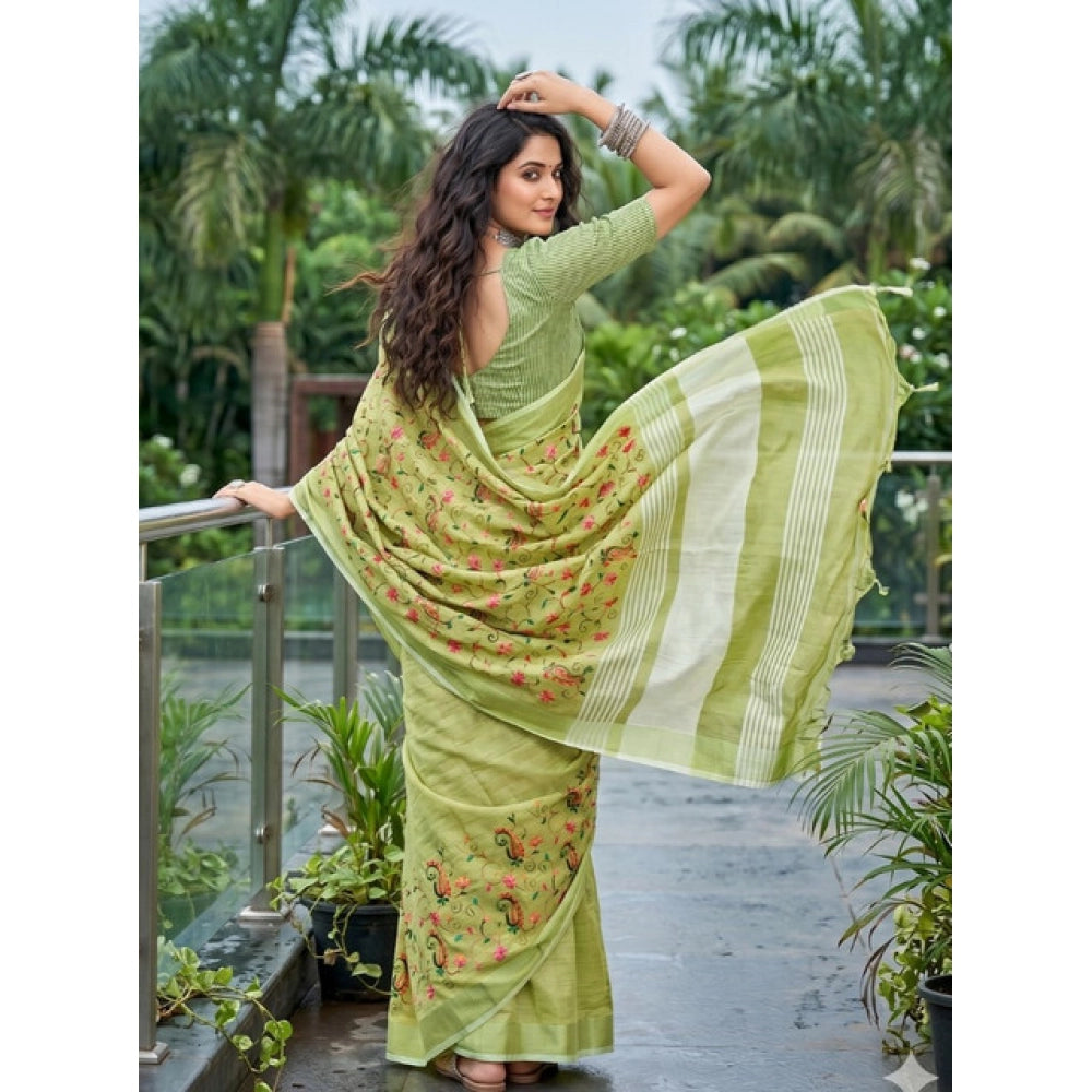 Women's Light Green Linen Floral Embroidered Saree with Unstitched Blouse – 5.5 Mtr
