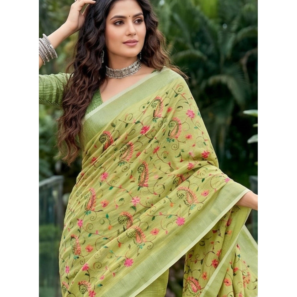 Women's Light Green Linen Floral Embroidered Saree with Unstitched Blouse – 5.5 Mtr