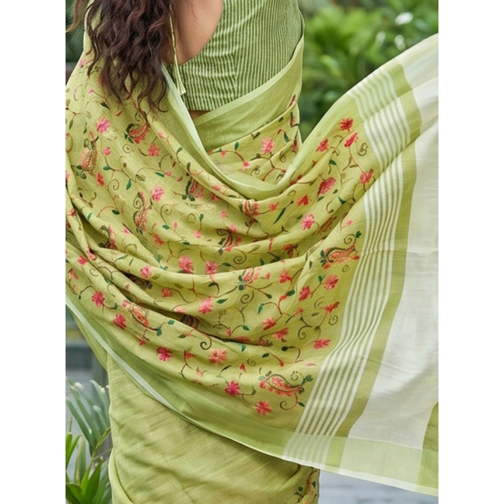 Women's Light Green Linen Floral Embroidered Saree with Unstitched Blouse – 5.5 Mtr