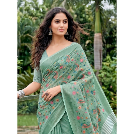 Women's Sea Green Linen Floral Embroidered Saree with Unstitched Blouse – 5.5 Mtr