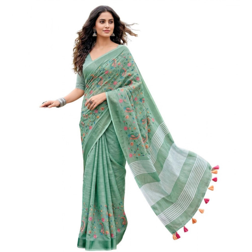 Women's Sea Green Linen Floral Embroidered Saree with Unstitched Blouse – 5.5 Mtr