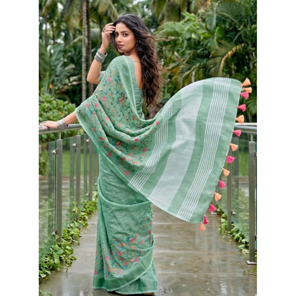 Women's Sea Green Linen Floral Embroidered Saree with Unstitched Blouse – 5.5 Mtr