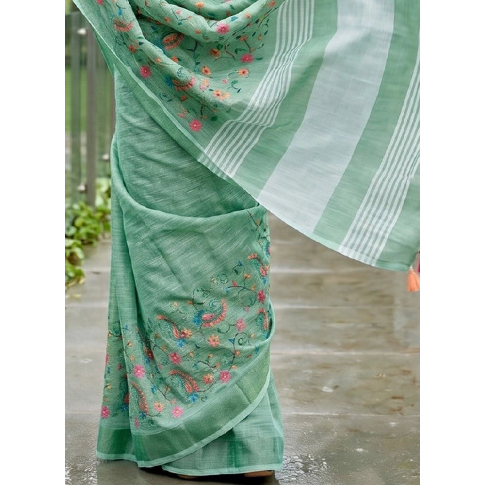 Women's Sea Green Linen Floral Embroidered Saree with Unstitched Blouse – 5.5 Mtr