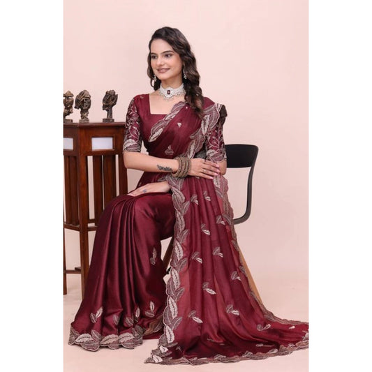 Generic Women's Georgette Embroidered Saree With Unstitched Blouse 5.5Mtr�(Maroon)