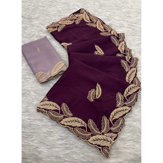 Generic Women's Chiffon Embroidered Saree With Unstitched Blouse 5.5Mtr�(Magenta)