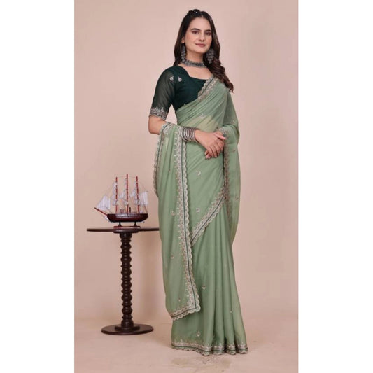 Generic Women's Georgette Embellished Saree With Unstitched Blouse 5.5Mtr�(Pista Green)
