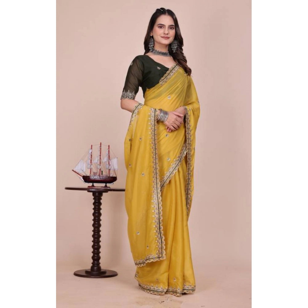 Generic Women's Yellow Georgette Embellished Saree With Unstitched Blouse – 5.5 Meters