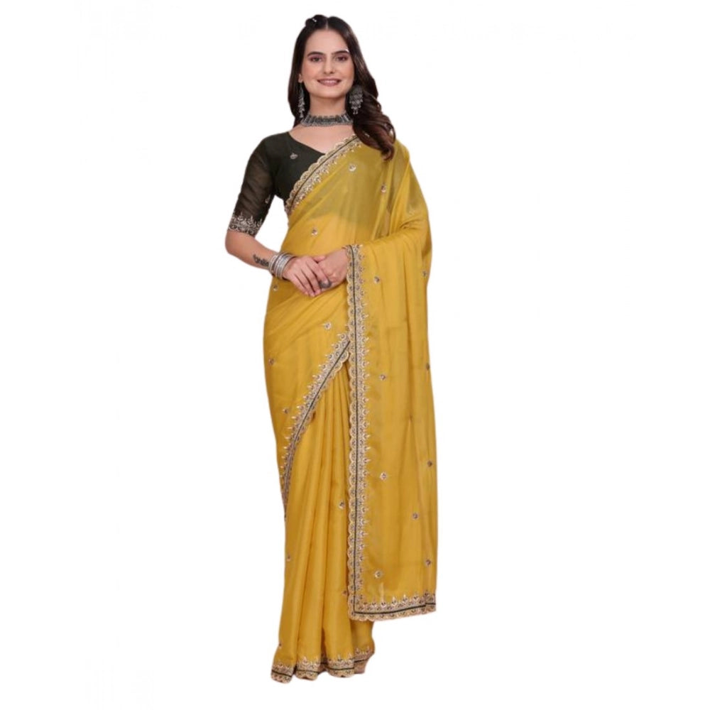 Generic Women's Yellow Georgette Embellished Saree With Unstitched Blouse – 5.5 Meters