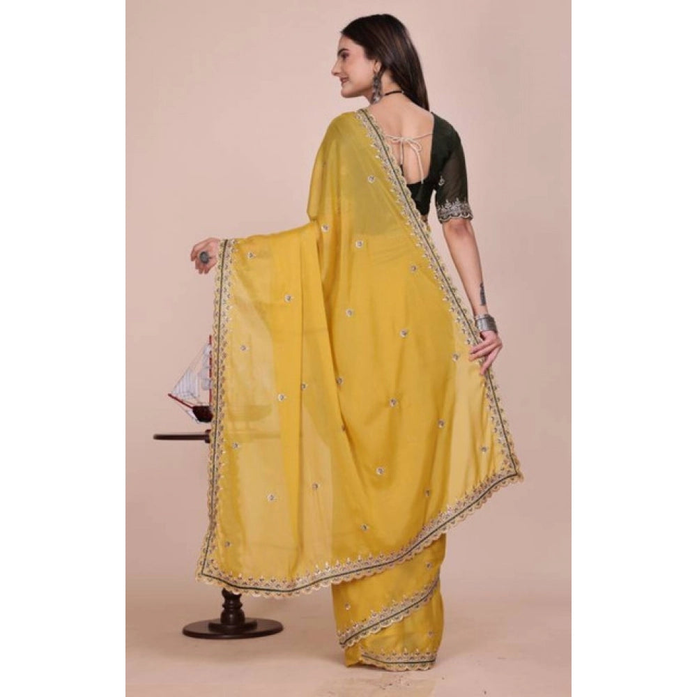 Generic Women's Yellow Georgette Embellished Saree With Unstitched Blouse – 5.5 Meters