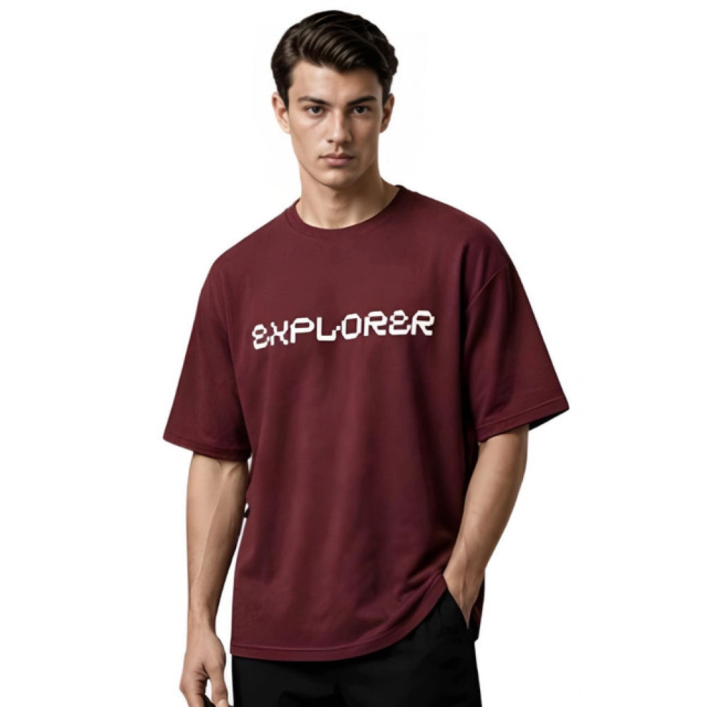 Generic Men's Cotton Blend Printed Oversized Round Neck Half Sleeve T-Shirt (Maroon)