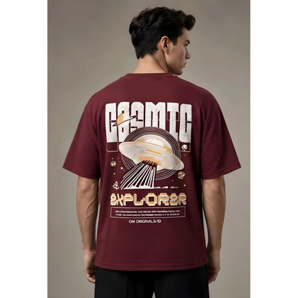 Generic Men's Cotton Blend Printed Oversized Round Neck Half Sleeve T-Shirt (Maroon)