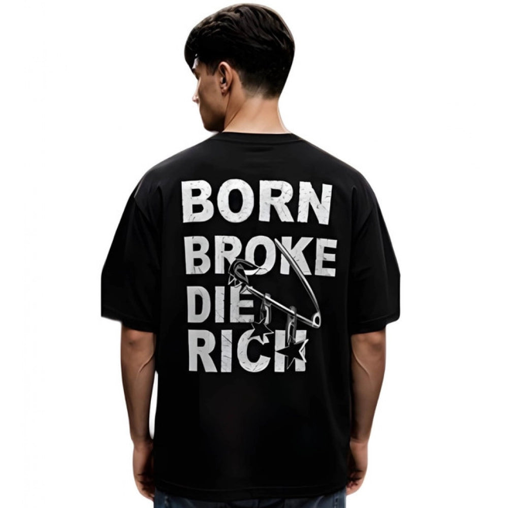 Generic Men's Cotton Blend Printed Oversized Round Neck Half Sleeve T-Shirt (Black)