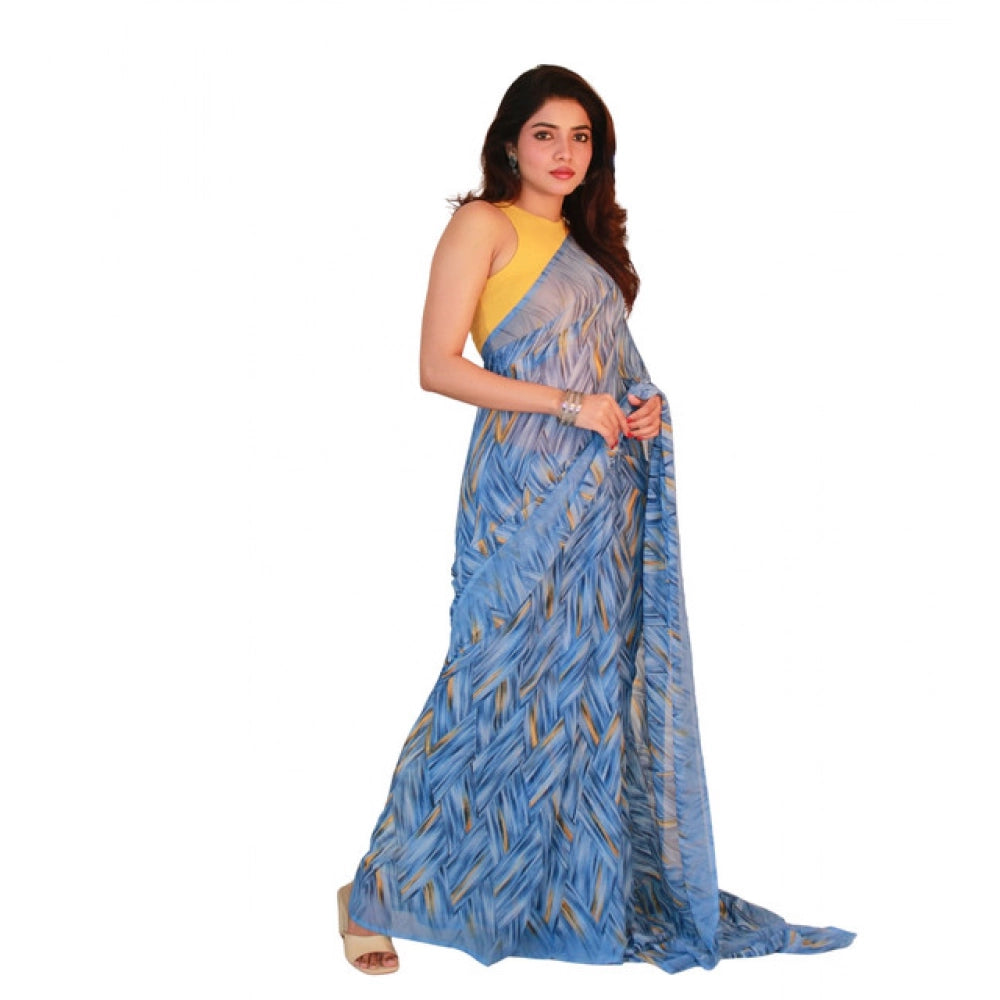Women's Blue Georgette Printed Saree With Unstitched Blouse – 5.5 Mtr