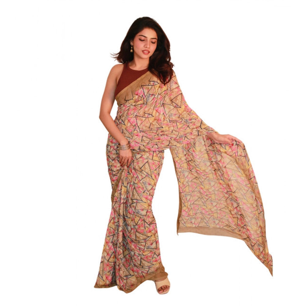 Women's Printed Georgette Saree with Unstitched Blouse (Brown)