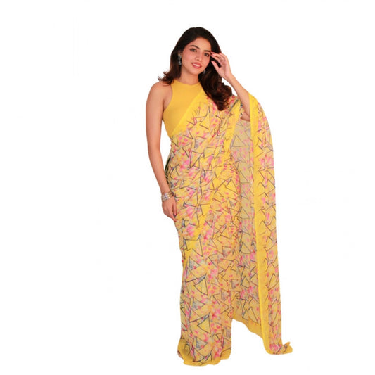 Women's Yellow Georgette Printed Saree with Unstitched Blouse
