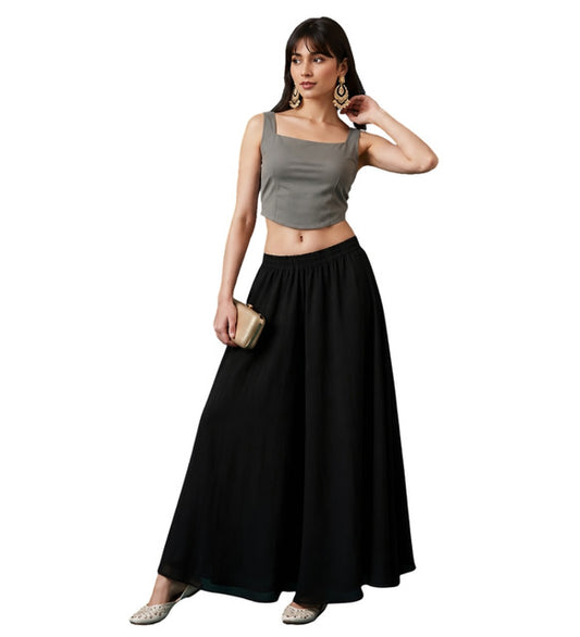 Generic Women's Georgette Solid Mid-Rise Wide Leg Flared Palazzo with Elastic Waist (Black)