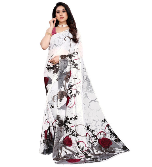 Generic Women's Georgette Printed Saree With Unstitched Blouse 5.5Mtr (White)