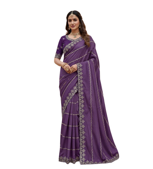 Generic Women's Georgette Embroidered Saree With Unstitched Blouse 5.5Mtr (Purple)
