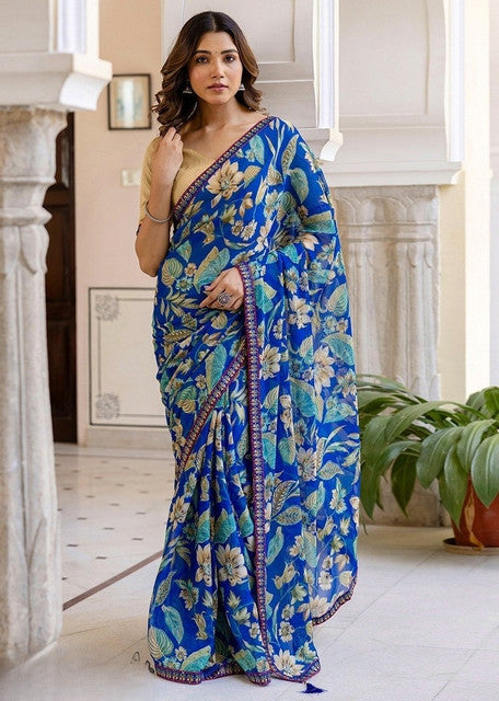 Women's Blue Georgette Floral Printed Saree With Unstitched Blouse – 5.5 Mtr