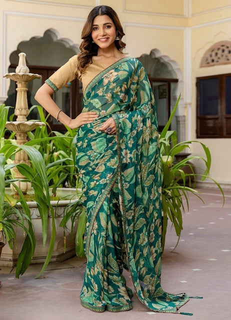 Women's Green Georgette Floral Printed Saree With Unstitched Blouse – 5.5 Mtr
