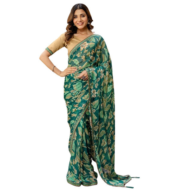 Women's Green Georgette Floral Printed Saree With Unstitched Blouse – 5.5 Mtr
