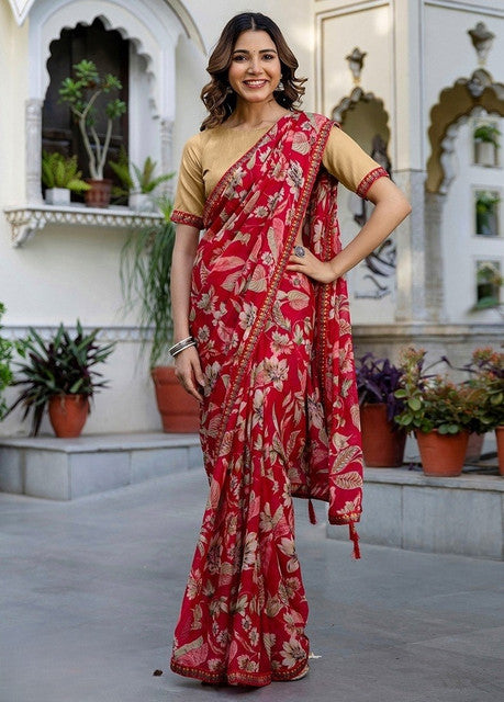 Women's Red Georgette Floral Printed Saree With Unstitched Blouse – 5.5 Mtr