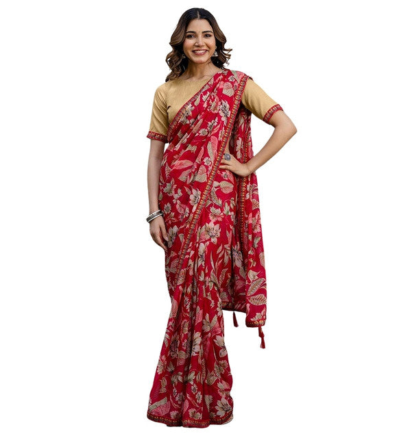 Women's Red Georgette Floral Printed Saree With Unstitched Blouse – 5.5 Mtr
