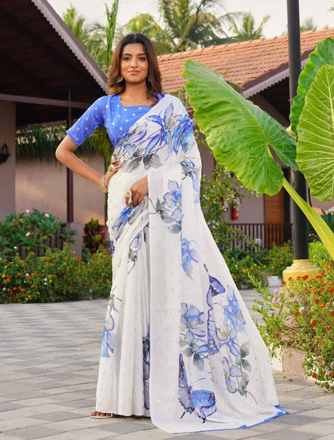 Women's Off White-Blue Georgette Floral & Butterfly Printed Saree With Unstitched Blouse – 5.5 Mtr