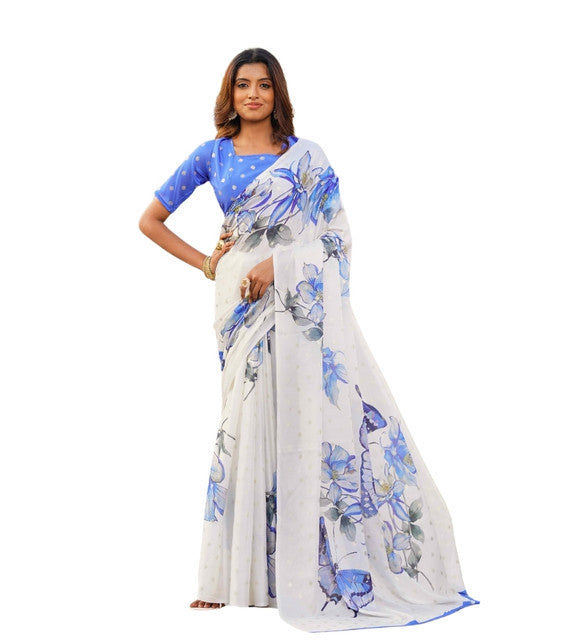 Women's Off White-Blue Georgette Floral & Butterfly Printed Saree With Unstitched Blouse – 5.5 Mtr