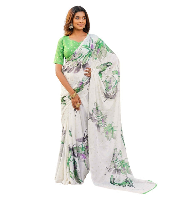 Women's Off White-Green Georgette Floral & Butterfly Printed Saree With Unstitched Blouse – 5.5 Mtr