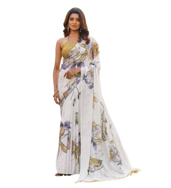 Women's Off White-Mustard Georgette Floral & Butterfly Printed Saree With Unstitched Blouse – 5.5 Mtr