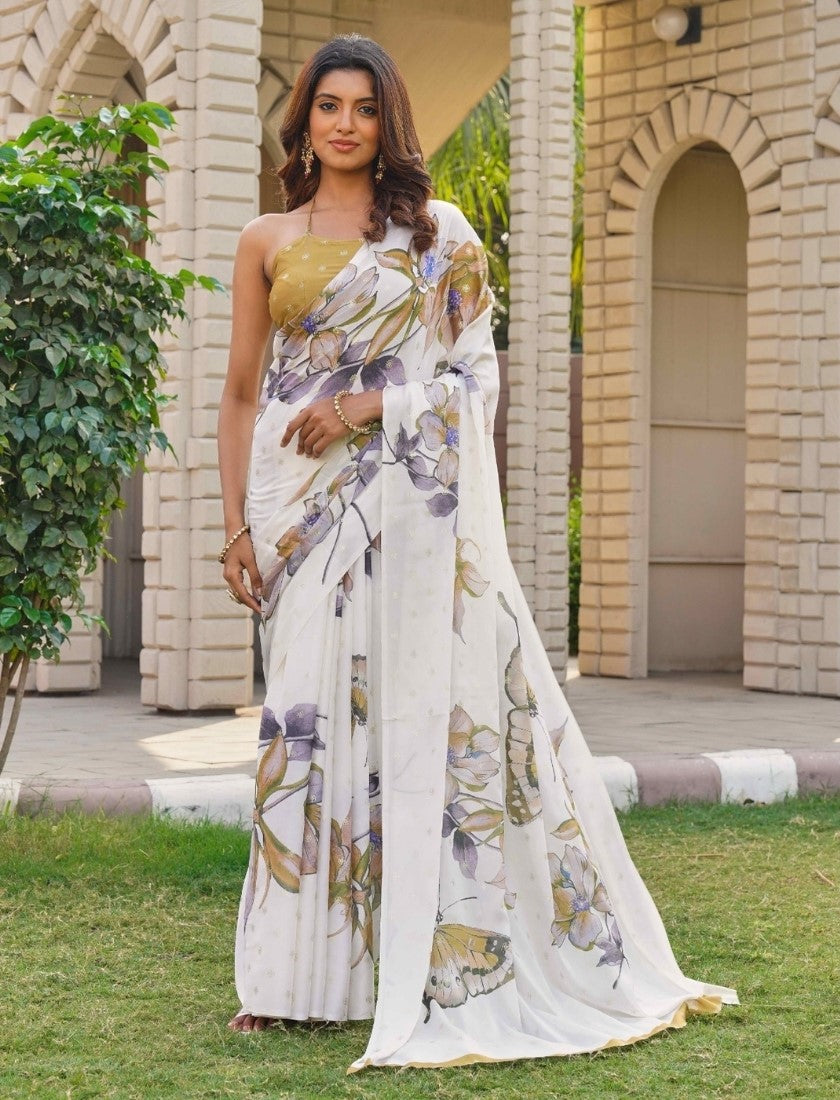 Women's Off White-Mustard Georgette Floral & Butterfly Printed Saree With Unstitched Blouse – 5.5 Mtr