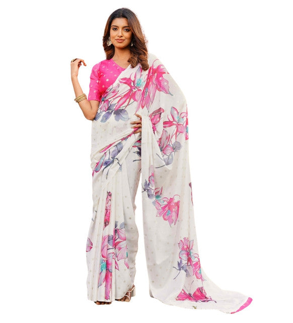 Women's Off White-Pink Georgette Floral & Butterfly Printed Saree With Unstitched Blouse – 5.5 Mtr