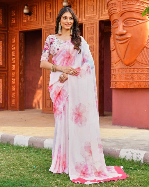 Women's Off White-Pink Georgette Floral Printed Saree With Unstitched Blouse – 5.5 Mtr