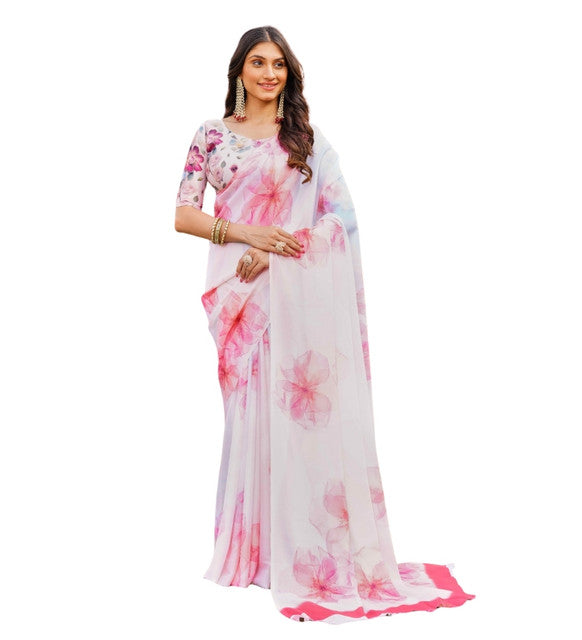 Women's Off White-Pink Georgette Floral Printed Saree With Unstitched Blouse – 5.5 Mtr