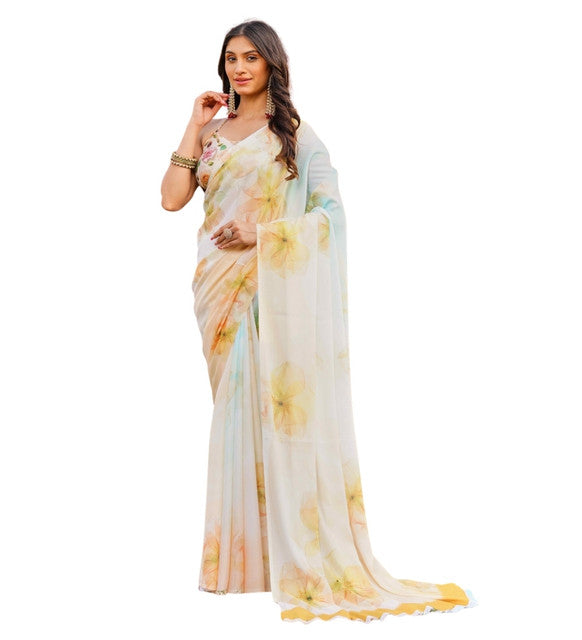Women's Off White-Yellow Georgette Floral Printed Saree With Unstitched Blouse – 5.5 Mtr