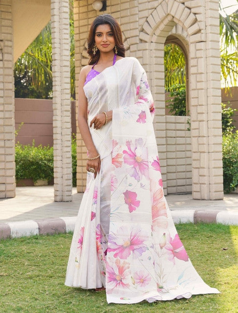 Women's White-Pink Georgette Floral Printed Saree With Unstitched Blouse – 5.5 Mtr