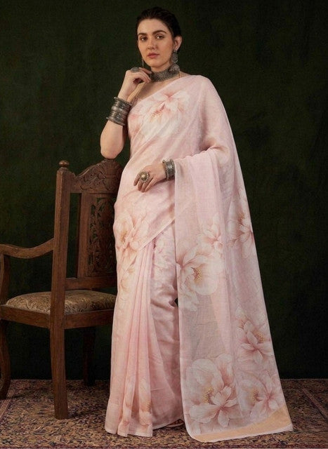 Women's Cream Georgette Floral Printed Saree With Unstitched Blouse – 5.5 Mtr