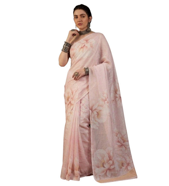 Women's Cream Georgette Floral Printed Saree With Unstitched Blouse – 5.5 Mtr