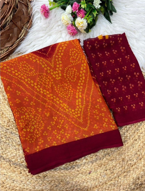 Women's Orange-Maroon Georgette Bandhani Printed Saree With Unstitched Blouse – 5.5 Mtr