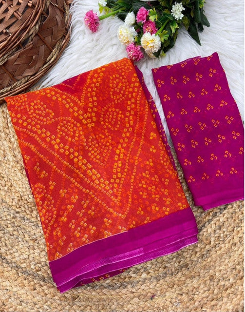 Women's Orange-Magenta Georgette Bandhani Printed Saree With Unstitched Blouse – 5.5 Mtr