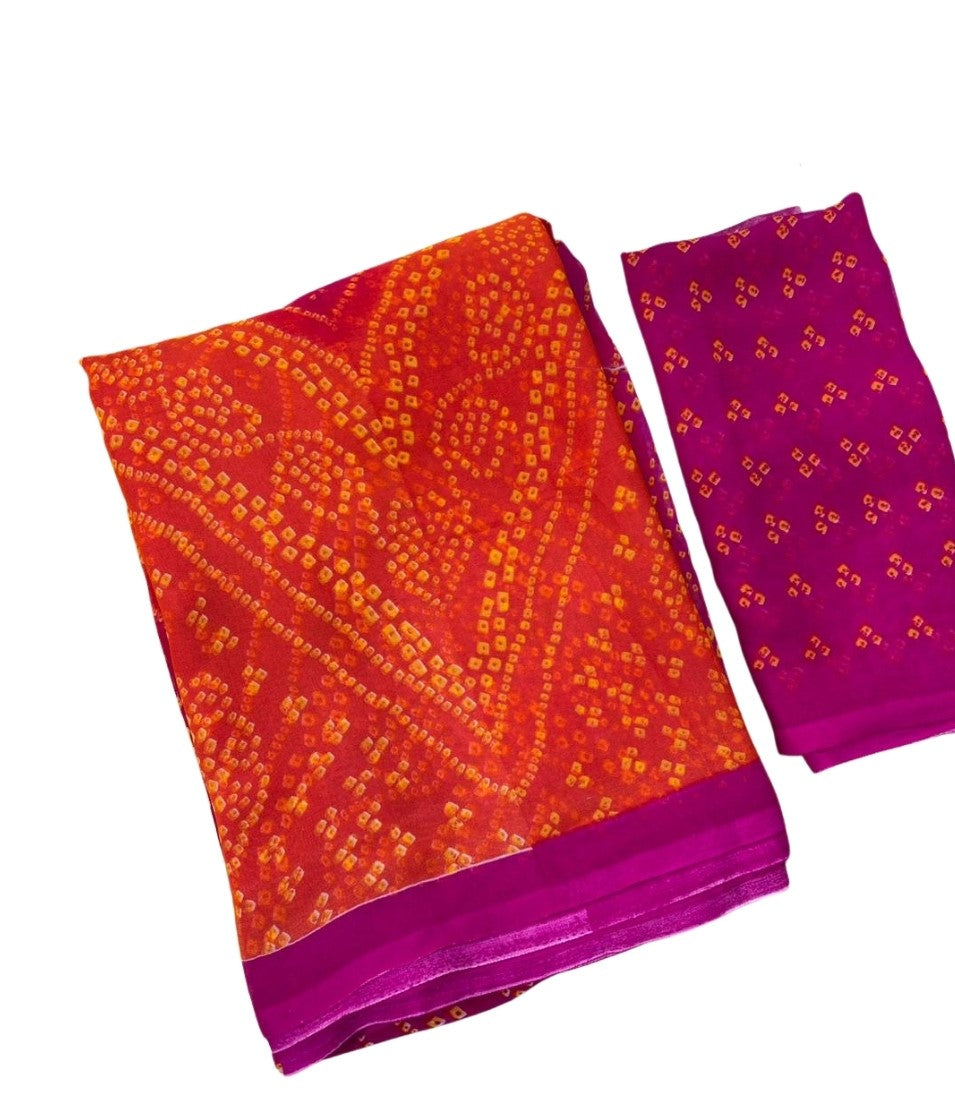 Women's Orange-Magenta Georgette Bandhani Printed Saree With Unstitched Blouse – 5.5 Mtr