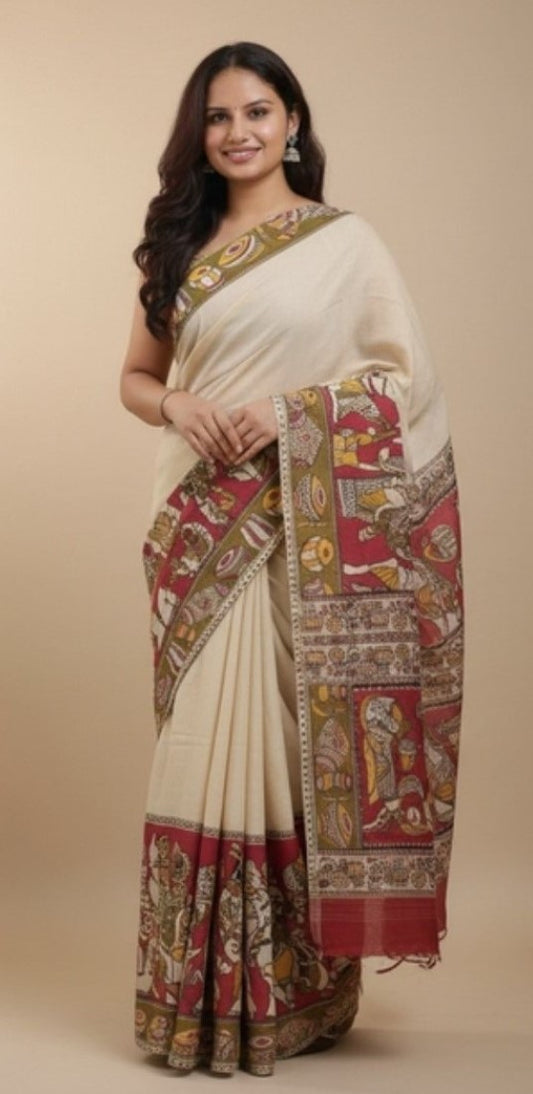 Generic Women's Linen Kalamkari Printed Saree With Unstitched Blouse - 5.5 Mtr (Beige)
