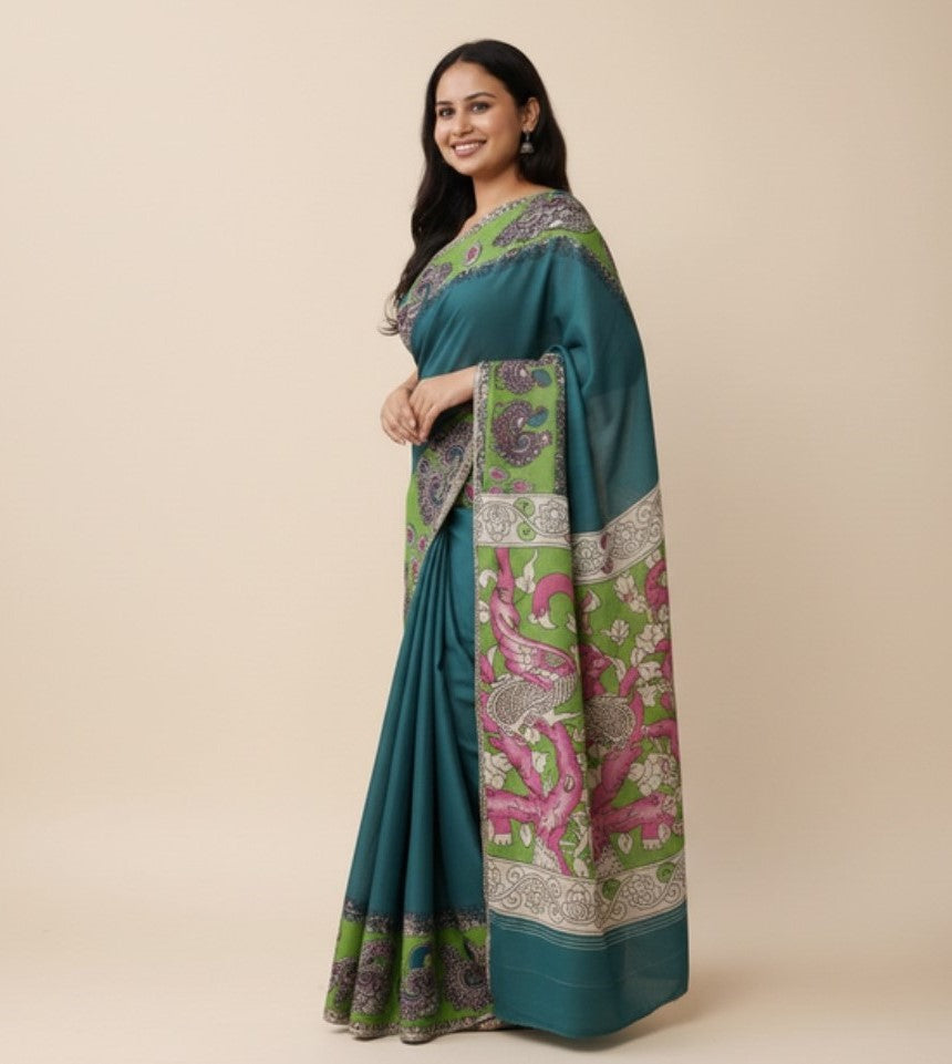 Generic Women's Linen Kalamkari Printed Saree With Unstitched Blouse - 5.5 Mtr (Teal)