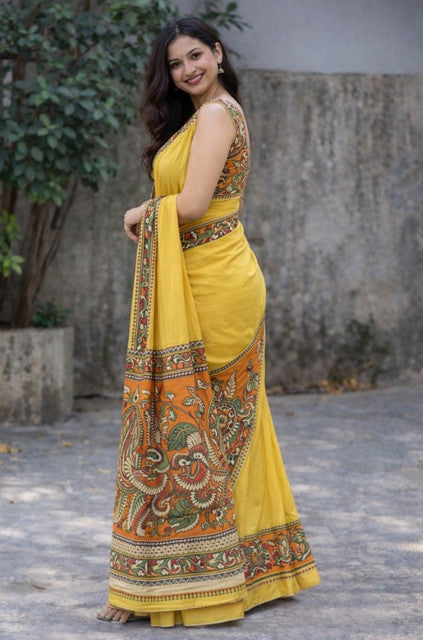 Generic Women's Linen Kalamkari Printed Saree With Unstitched Blouse - 5.5 Mtr (Yellow)