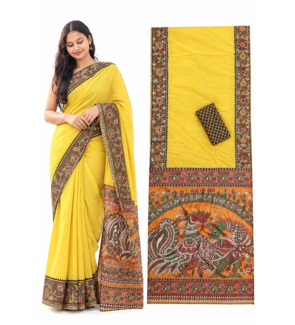 Generic Women's Linen Kalamkari Printed Saree With Unstitched Blouse - 5.5 Mtr (Yellow)