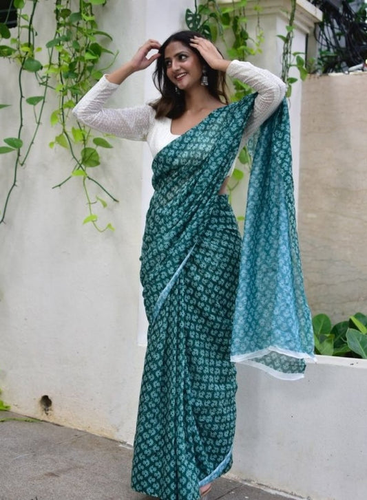 Generic Women's Linen Floral Printed Saree With Unstitched Blouse - 5.5 Mtr (Teal Green)